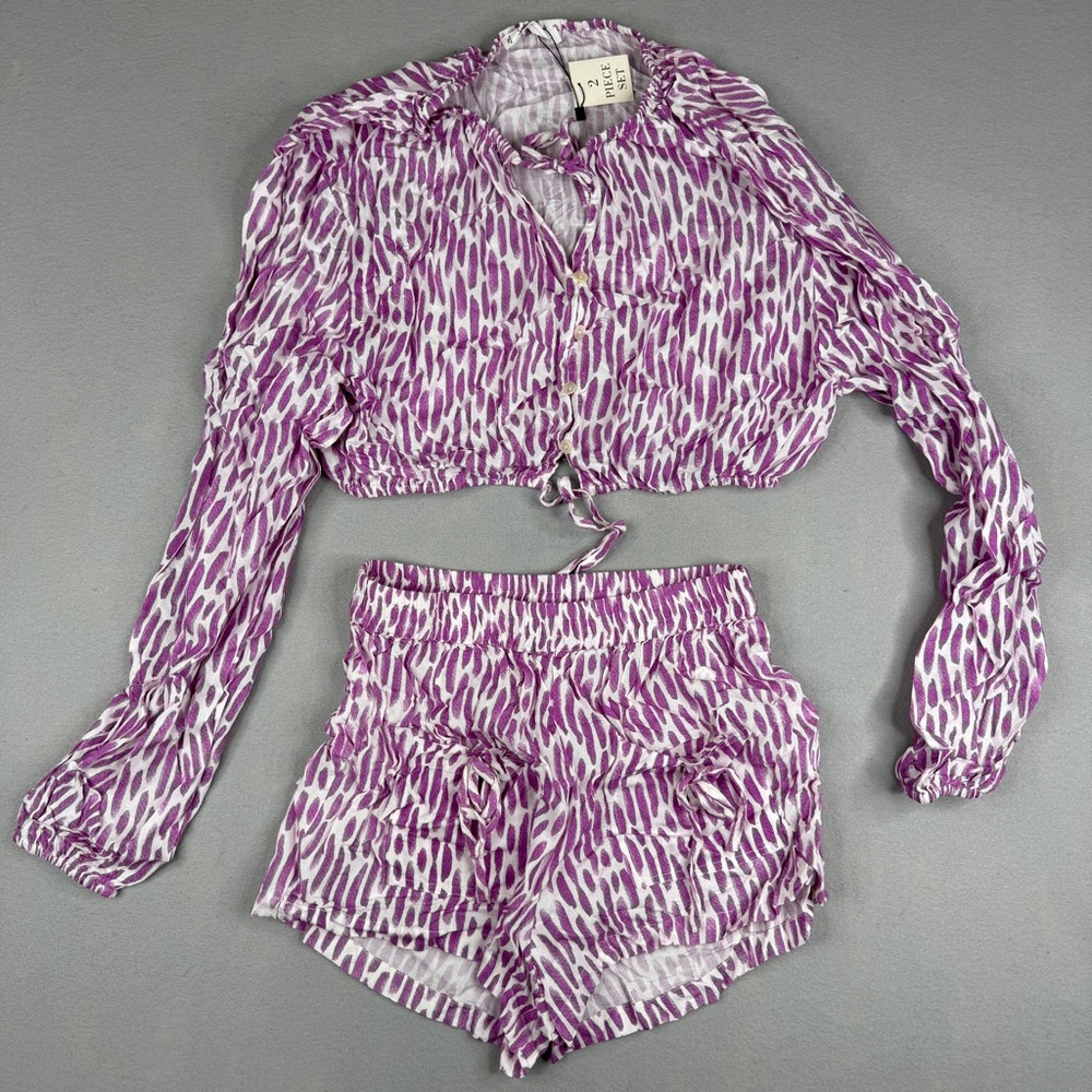 Salty Lemon NWT 2 Piece Set M Purple Animal Print Tie Front Top Shorts Resort